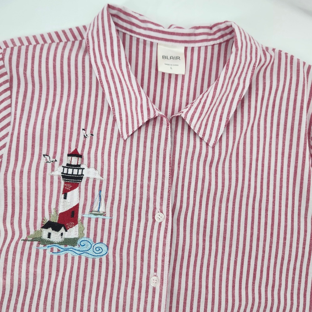 Blair‎ Womens Lighthouse Nautical Coastal Top Size L Red White Stripe Novelty